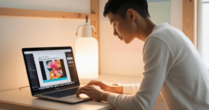 homem sentando em uma mesa com um notebook aberto em cursos de fotografia para iniciantes