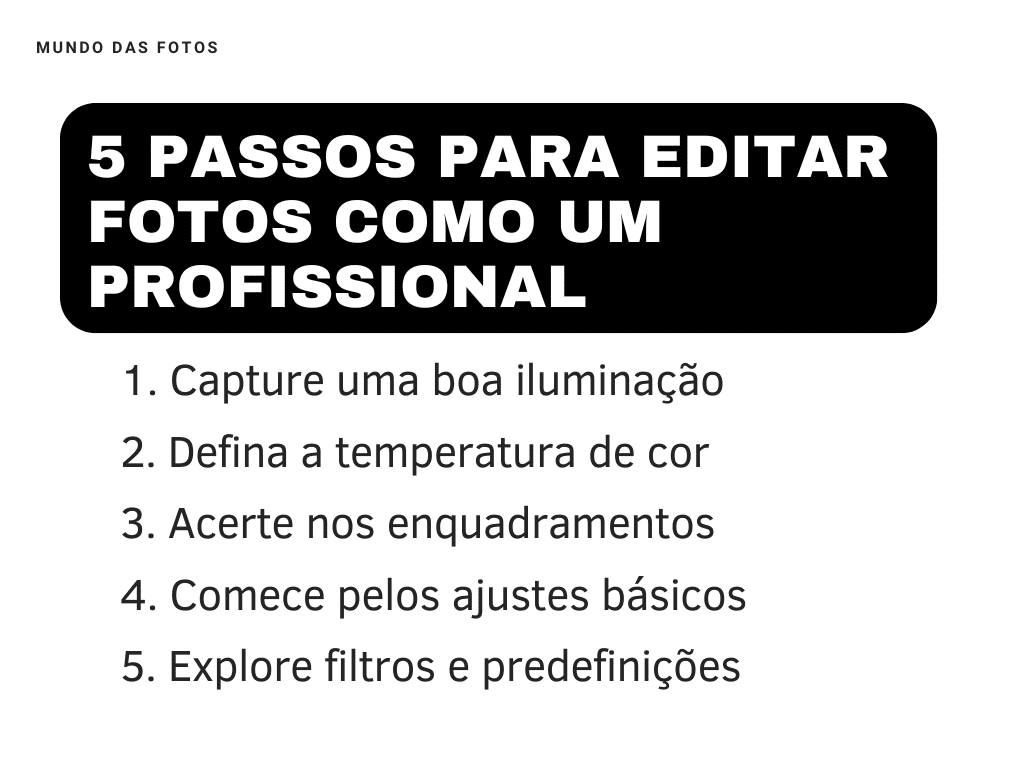 Um quadro em preto e branco resumindo os 5 passos para editar foto como um profissional. 