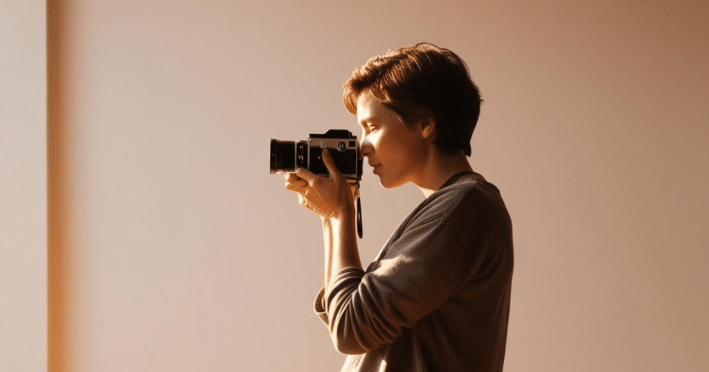 uma mulher de cabelo curto e uma blusa cinza de lado segurando uma câmera para fazer uma fotografia