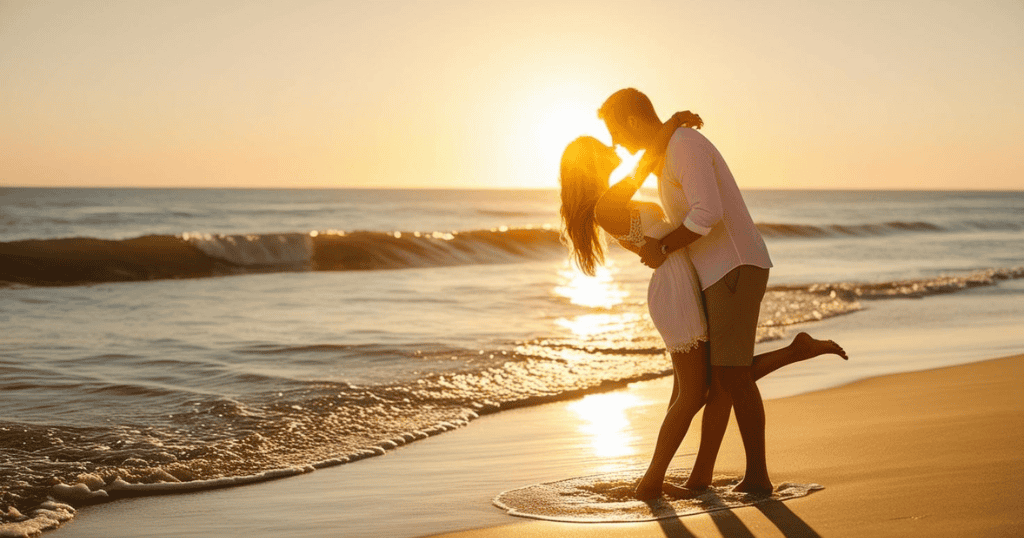 fotos de casal na praia contra o sol se abraçando