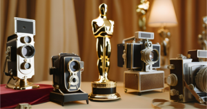 Um mesa com várias câmeras ao lado de uma estátua do Oscar representando as Câmeras de Cinema dos filmes indicados ao Oscar