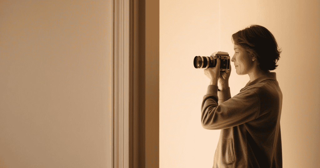 uma mulher segurando uma câmera fotográfica estudando fotografia para iniciantes