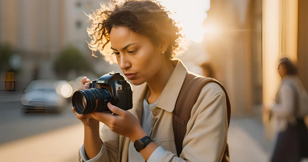 uma mulher na rua segurando uma câmera fotográfica profissional vendo quanto um fotógrafo iniciante deve cobrar