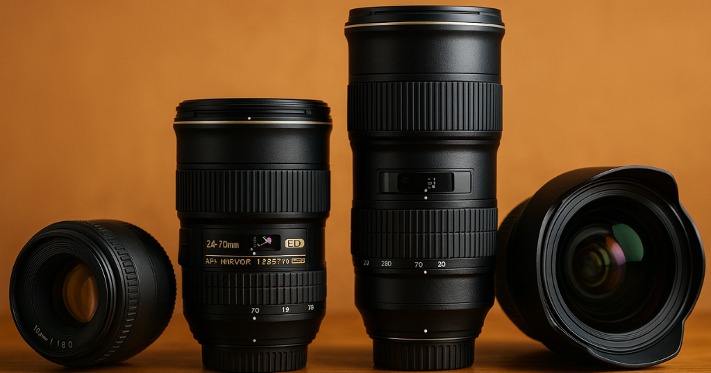 várias lentes para fotografia posicionadas lado a lado em uma bancada