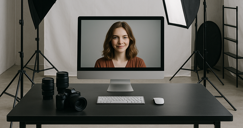 Estúdio profissional de fotografia com equipamentos modernos, incluindo luzes softbox e câmera DSLR, e um computador exibindo o retrato de uma mulher sorridente, ilustrando um ambiente ideal para criar um orçamento de fotografia atrativo.