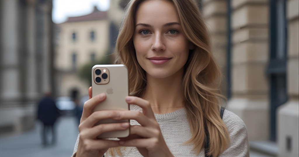 Mulher jovem sorrindo enquanto segura um smartphone para fotografar ao ar livre, representando a praticidade de aprender como fotografar com o celular em ambientes urbanos.