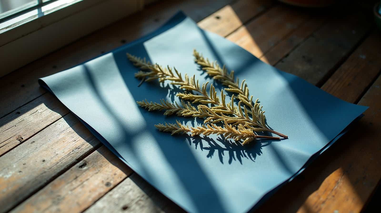 Folha de samambaia seca sobre papel azul profundo em cima de uma mesa de madeira, com sombra nítida projetada pela luz de uma janela