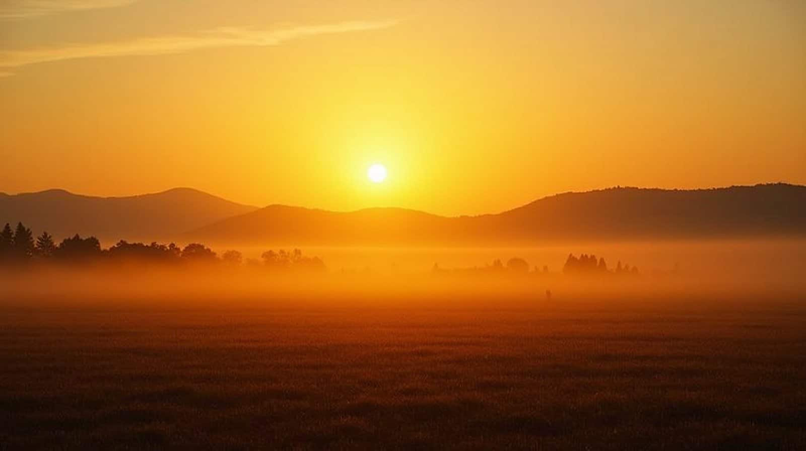 Nascer do sol dourado sobre montanhas e um campo coberto de neblina