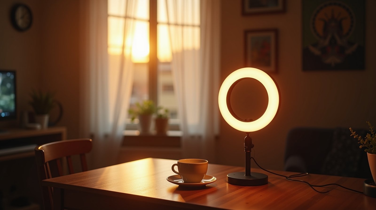 Ring light aceso sobre mesa de madeira em sala com luz de janela ao entardecer, xícara de café ao lado