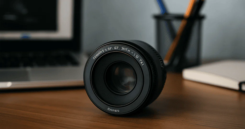 Lente Canon 50mm sobre uma mesa de escritório com notebook e caderno ao fundo, ilustrando o tema lentes fotográficas essenciais para fotógrafos