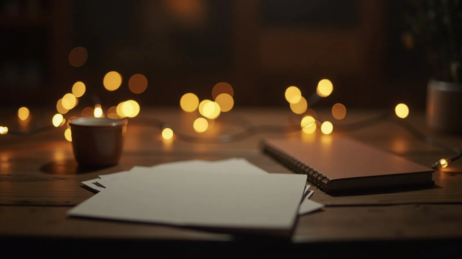 Mesa de madeira à noite com folhas de papel em branco, um caderno e uma xícara, iluminada por luzes amarelas desfocadas ao fundo