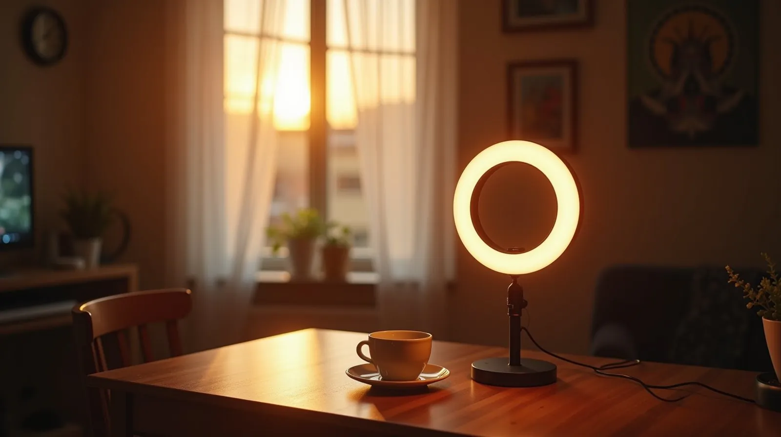 Ring light aceso sobre mesa de madeira em sala com luz de janela ao entardecer, xícara de café ao lado