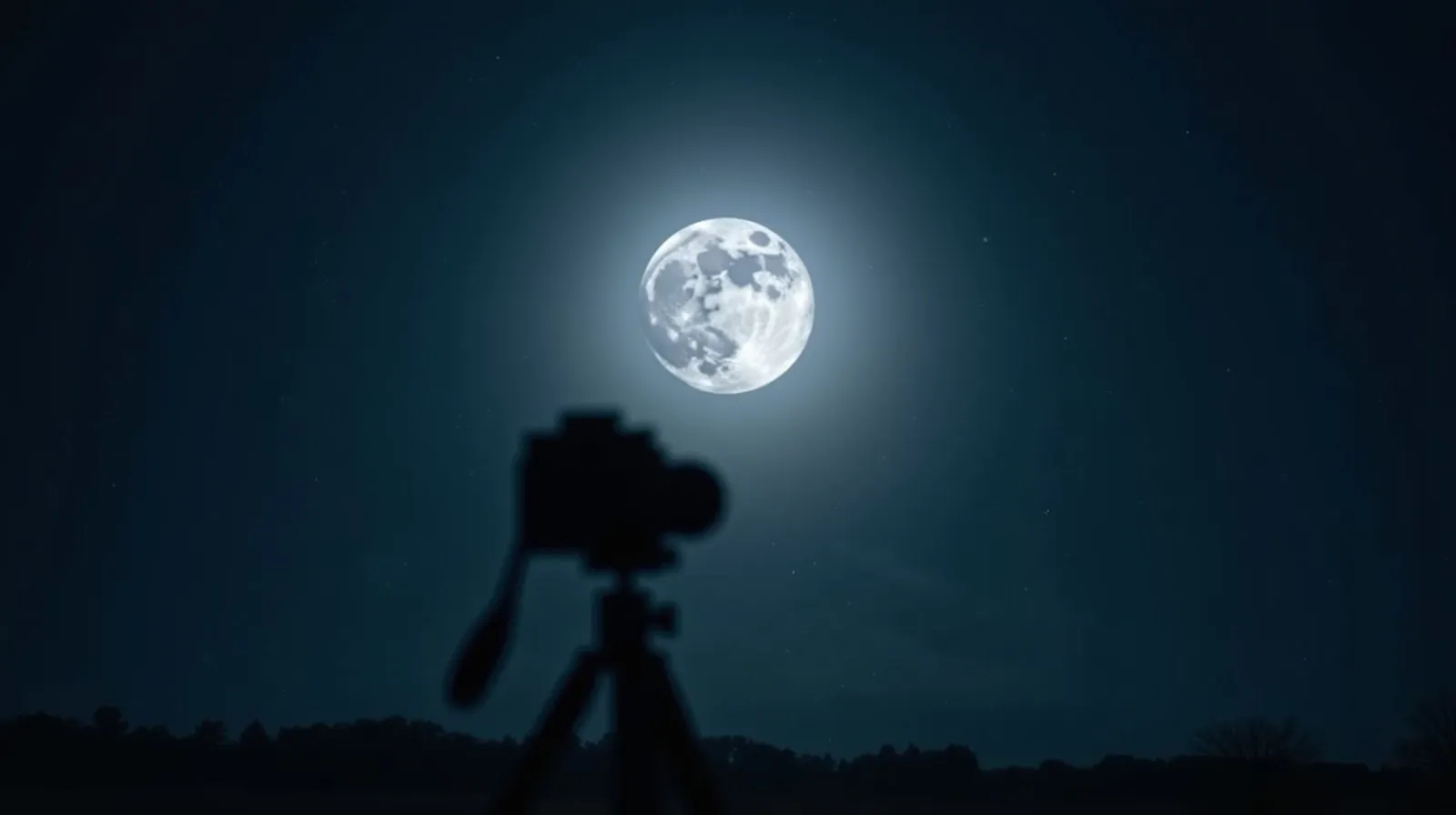 Lua cheia com crateras visíveis no céu noturno, com tripé e câmera desfocados em primeiro plano