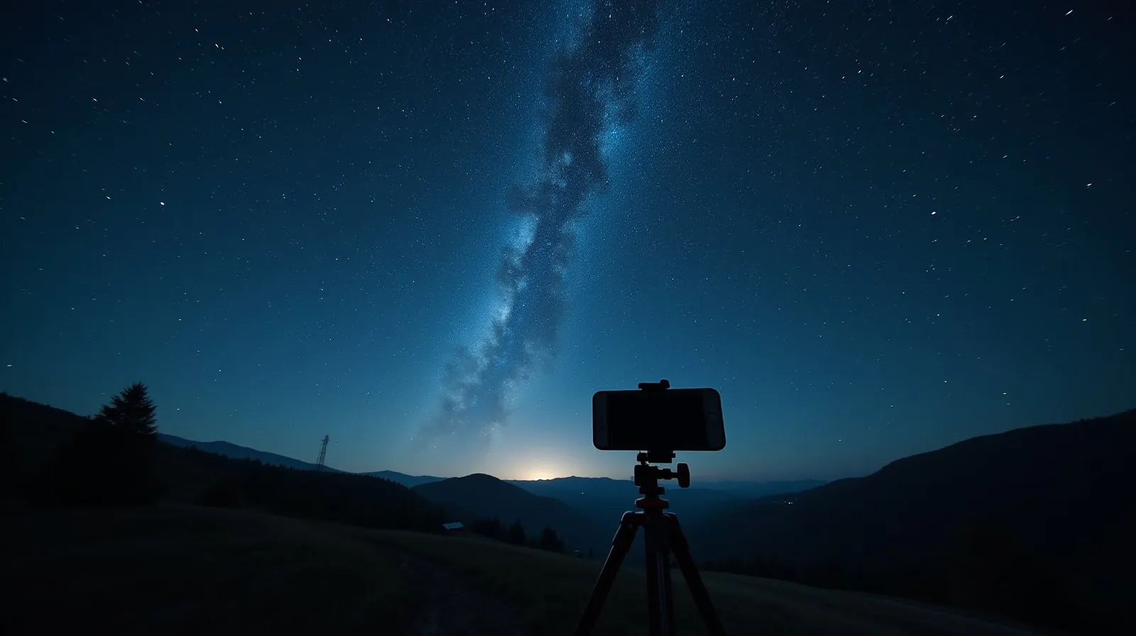 Celular montado em tripé pequeno, em silhueta, fotografando a Via Láctea no céu noturno sobre montanhas