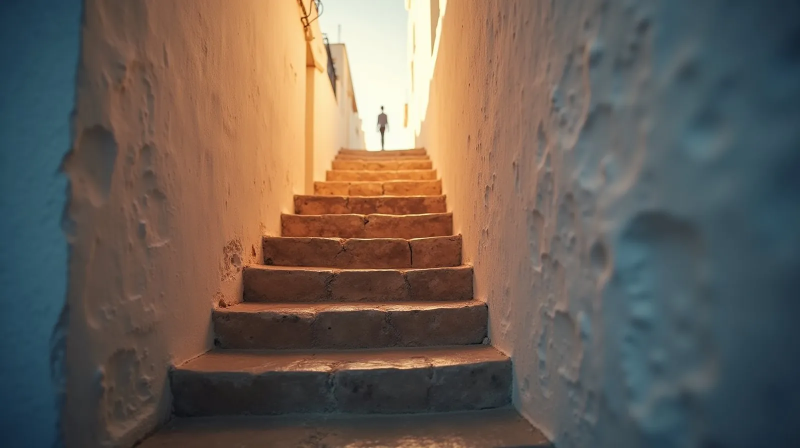 Escadaria estreita entre paredes antigas de uma vila mediterrânea, com uma silhueta distante subindo os degraus sob luz dourada de fim de tarde