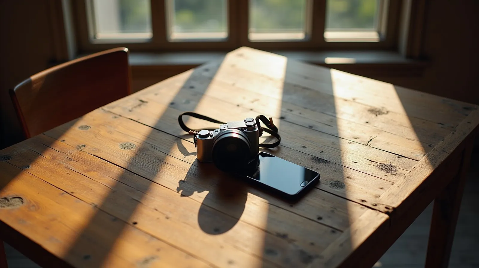 Câmera mirrorless compacta ao lado de um celular, sobre mesa de madeira iluminada por luz de janela