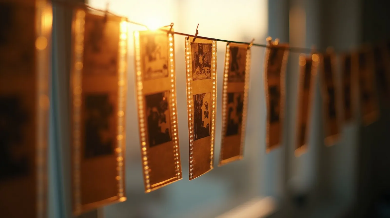 Tiras de negativos fotográficos em preto e branco penduradas contra a luz de uma janela
