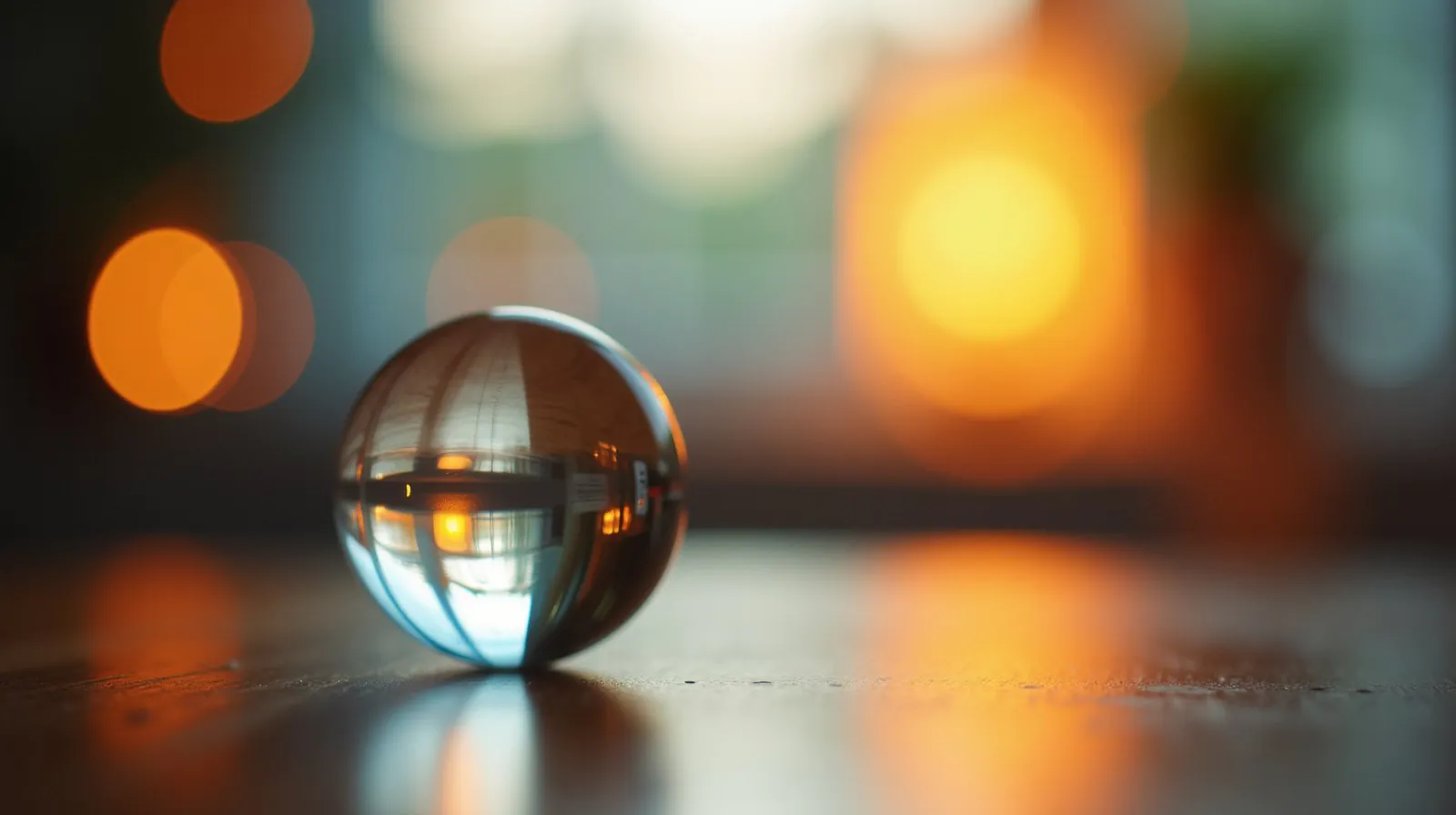 Esfera de vidro refratando luz colorida sobre mesa de madeira, com pontos de luz desfocados ao fundo
