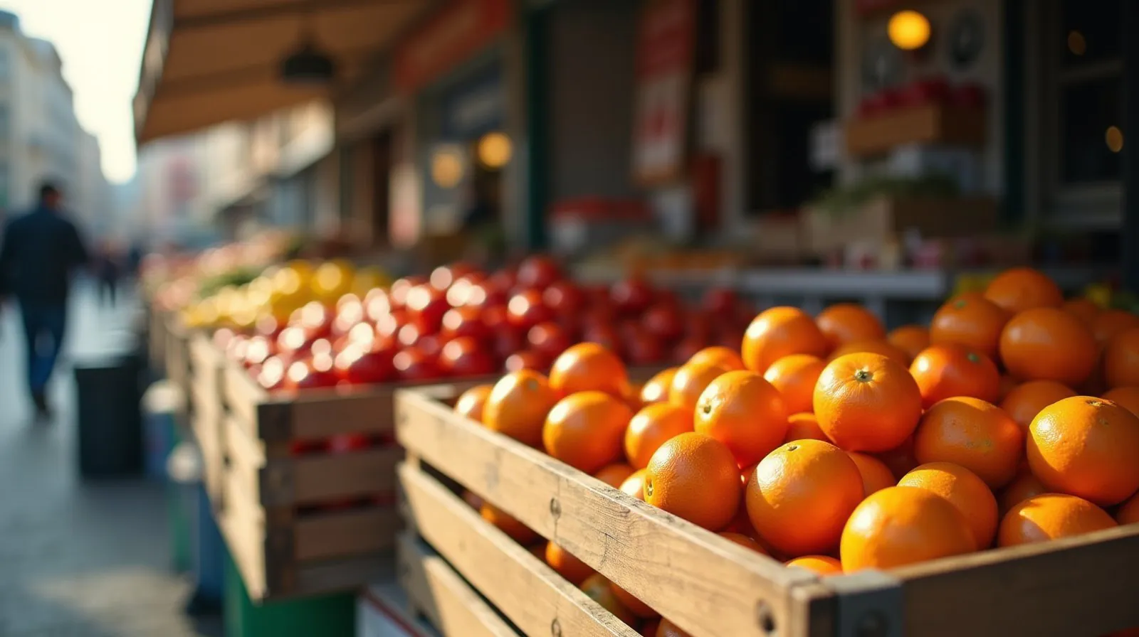 Caixotes de madeira com laranjas e tomates em uma banca de feira ao ar livre, luz da manhã e fundo desfocado