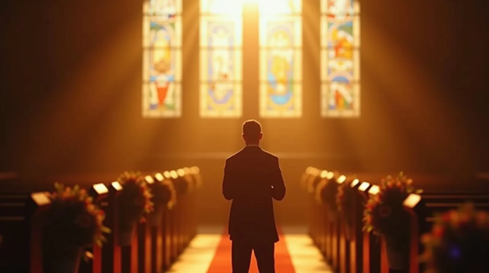 Silhueta de um fotografo sozinho na nave de uma igreja, em contraluz dourado vindo dos vitrais durante uma cerimonia de casamento