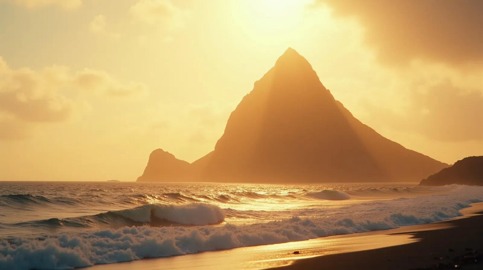 Silhueta de uma montanha vulcânica à beira-mar contra um céu dourado ao pôr do sol, com ondas quebrando na praia em primeiro plano