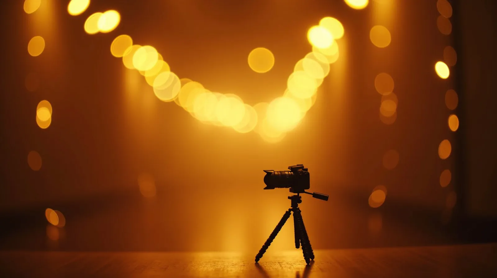 Silhueta de câmera em tripé contra luz quente desfocada ao fundo, representando o efeito de bokeh em fotografia