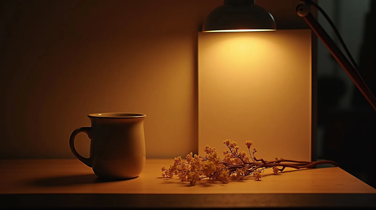 Caneca de cerâmica e flores secas sobre mesa de madeira iluminadas lateralmente por uma luz contínua quente em um cenário de still life caseiro