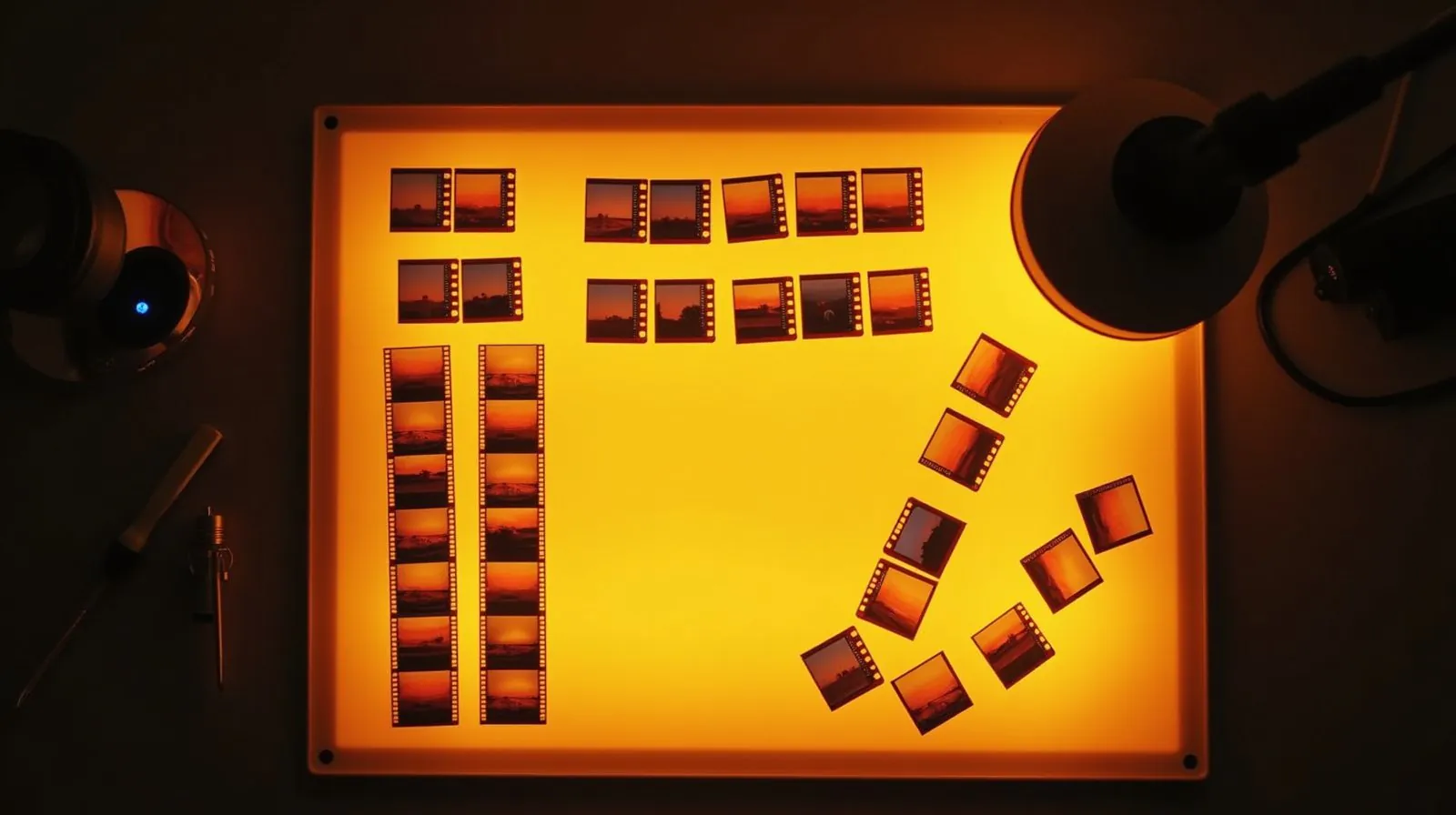 Mesa de luz de fotógrafo iluminada em tons quentes, com tiras de negativos e miniaturas de fotos de paisagem organizadas sobre a superfície