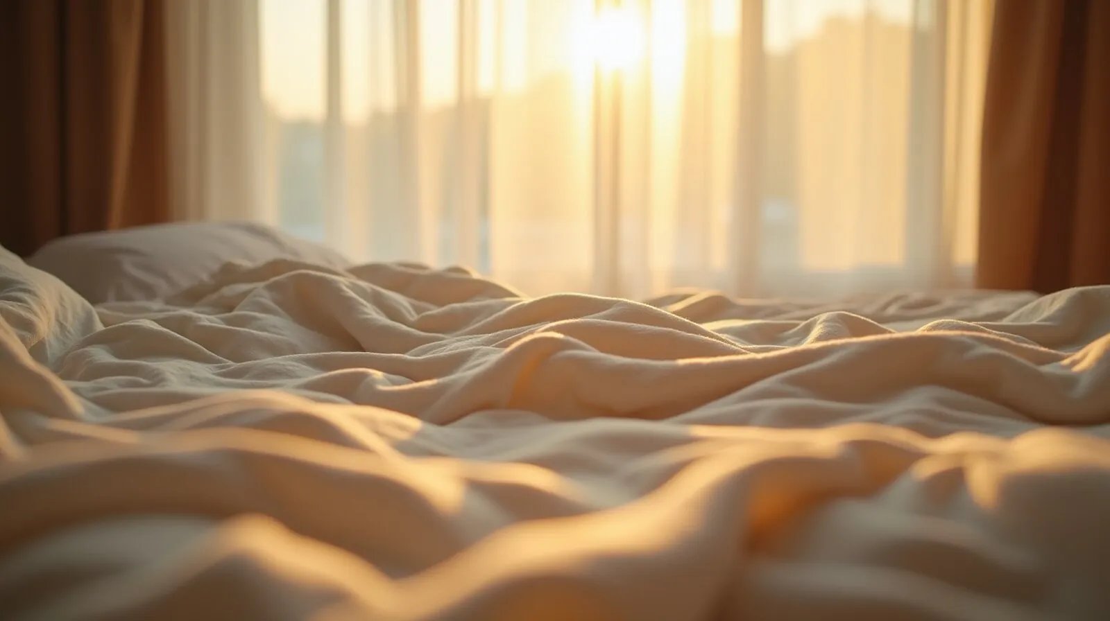 Detalhe de cama desarrumada com luz dourada de janela entrando pela cortina