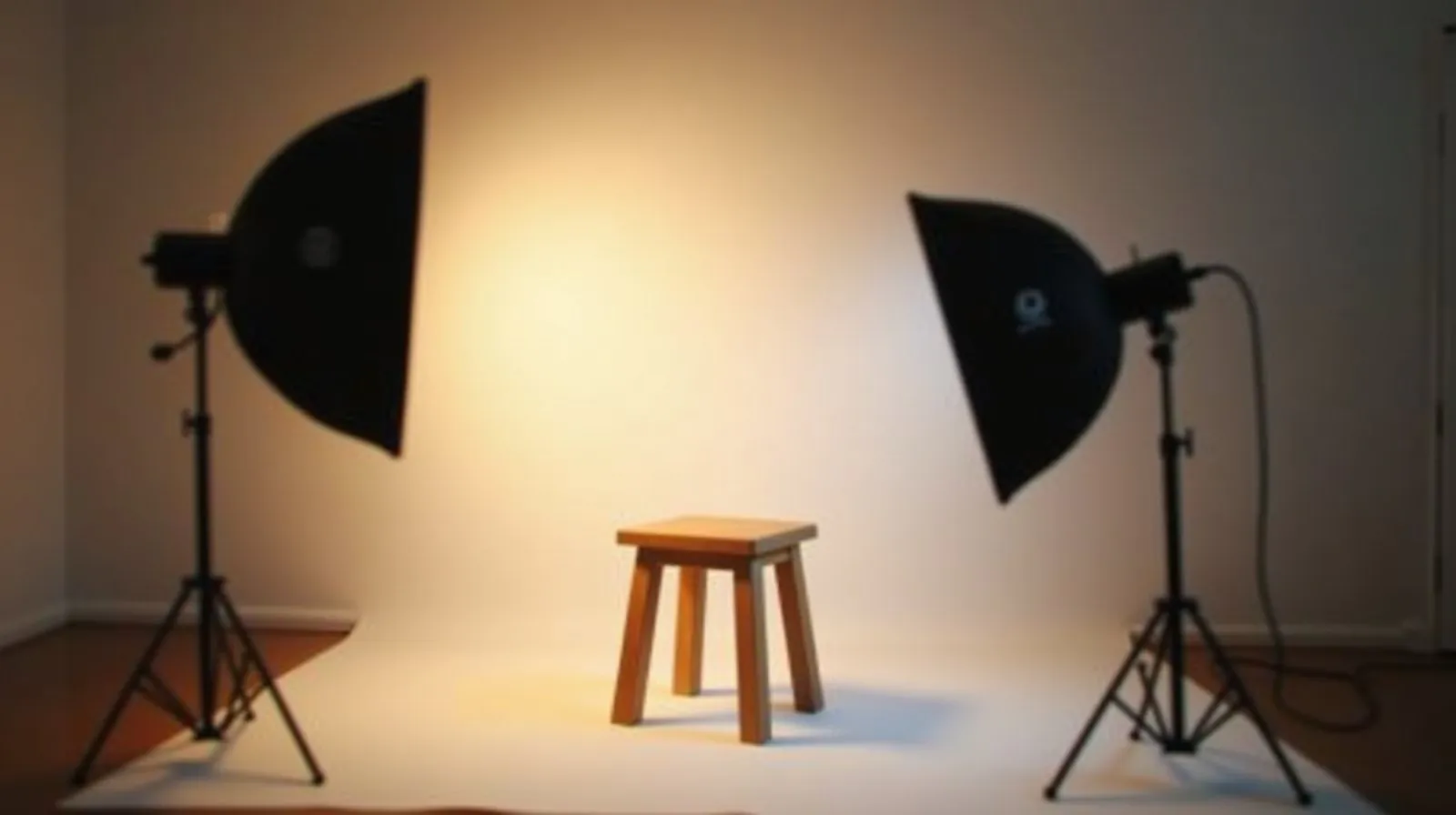 Dois softboxes de estúdio posicionados em ângulo, um com luz quente e outro com luz fria, iluminando um banquinho de madeira vazio