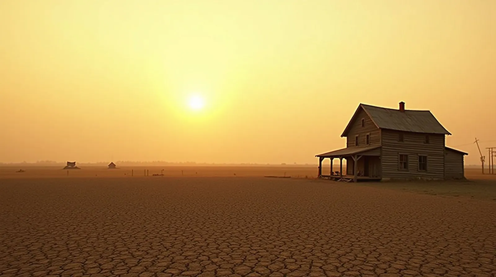 Casa de fazenda isolada ao entardecer em meio a um campo de terra rachada e seca, com névoa de poeira no horizonte
